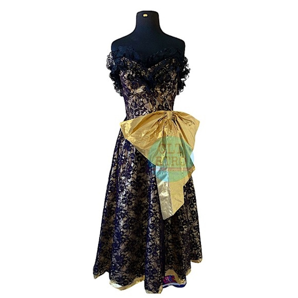 80s vtg Black Lace Covered Gold Lamé Strapless Dress